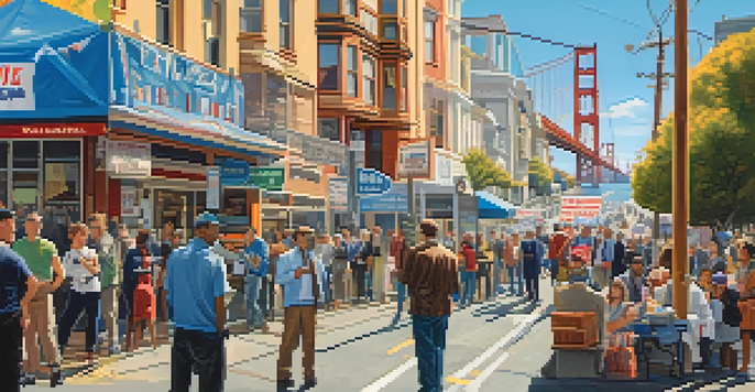 A vibrant San Francisco street filled with diverse voters interacting with campaign booths and colorful election signs, with the Golden Gate Bridge in the background.