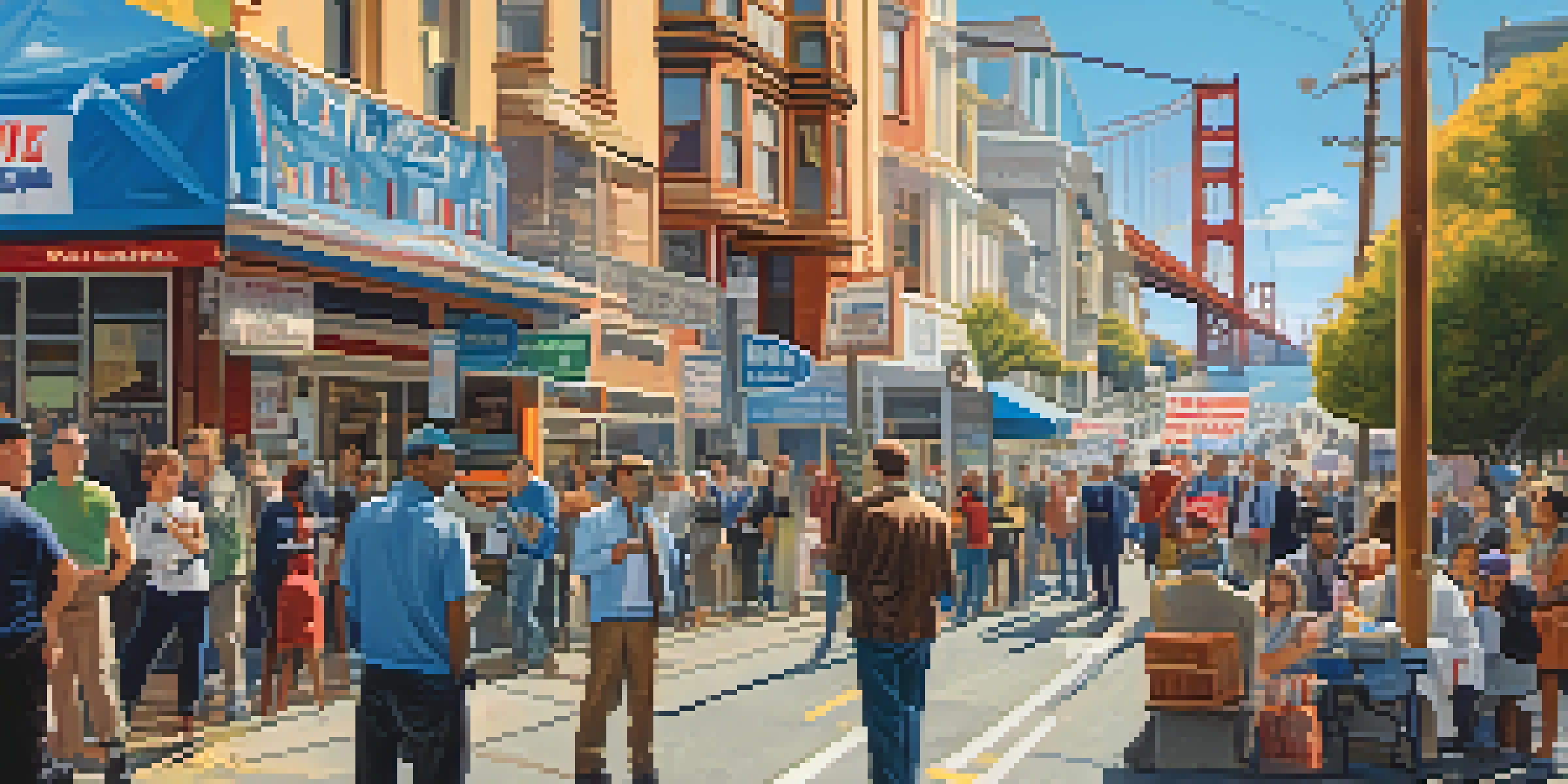 A vibrant San Francisco street filled with diverse voters interacting with campaign booths and colorful election signs, with the Golden Gate Bridge in the background.
