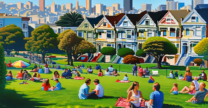 Families having a picnic in Alamo Square Park with the Painted Ladies in the background, under a clear blue sky.