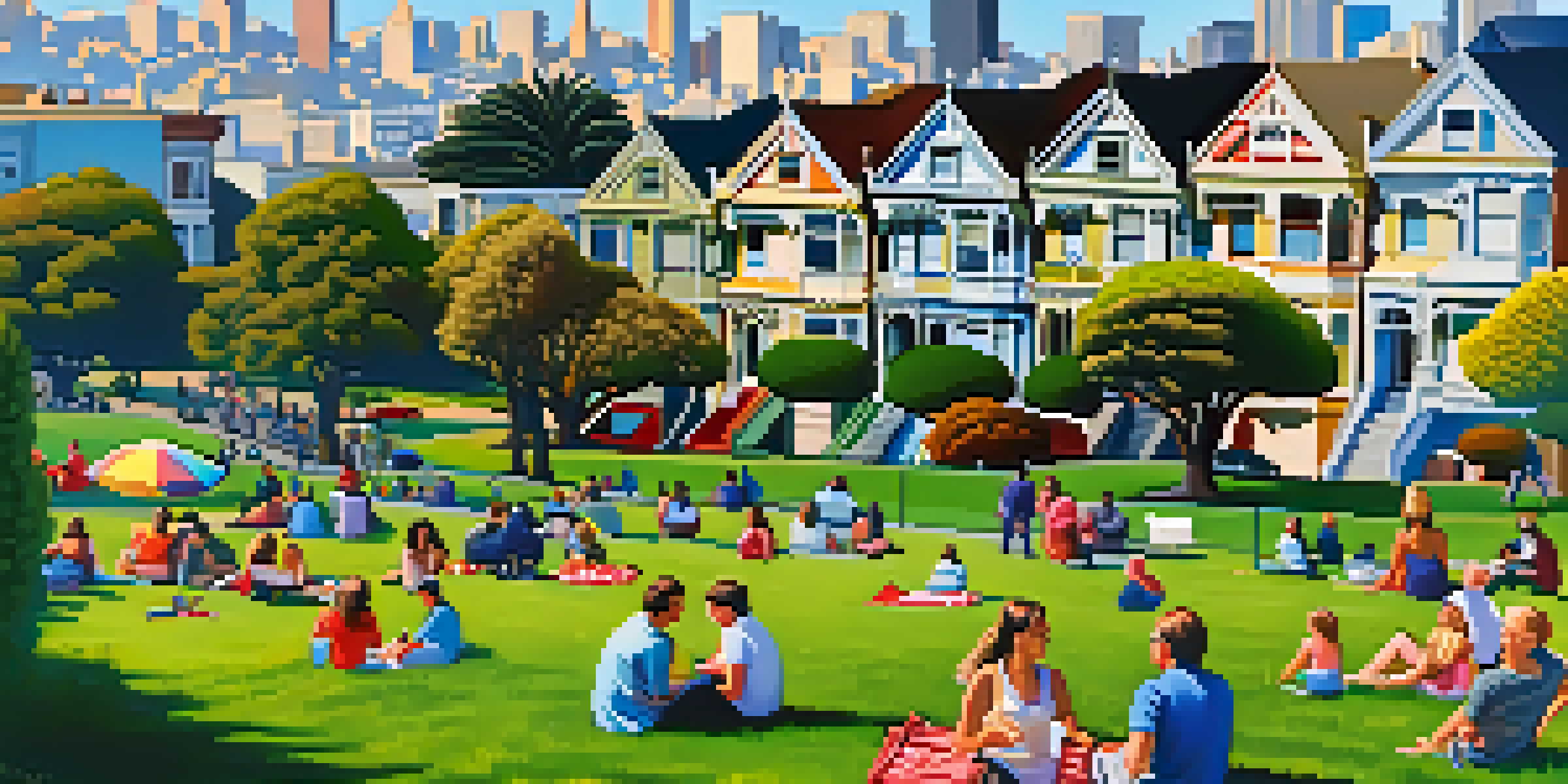 Families having a picnic in Alamo Square Park with the Painted Ladies in the background, under a clear blue sky.