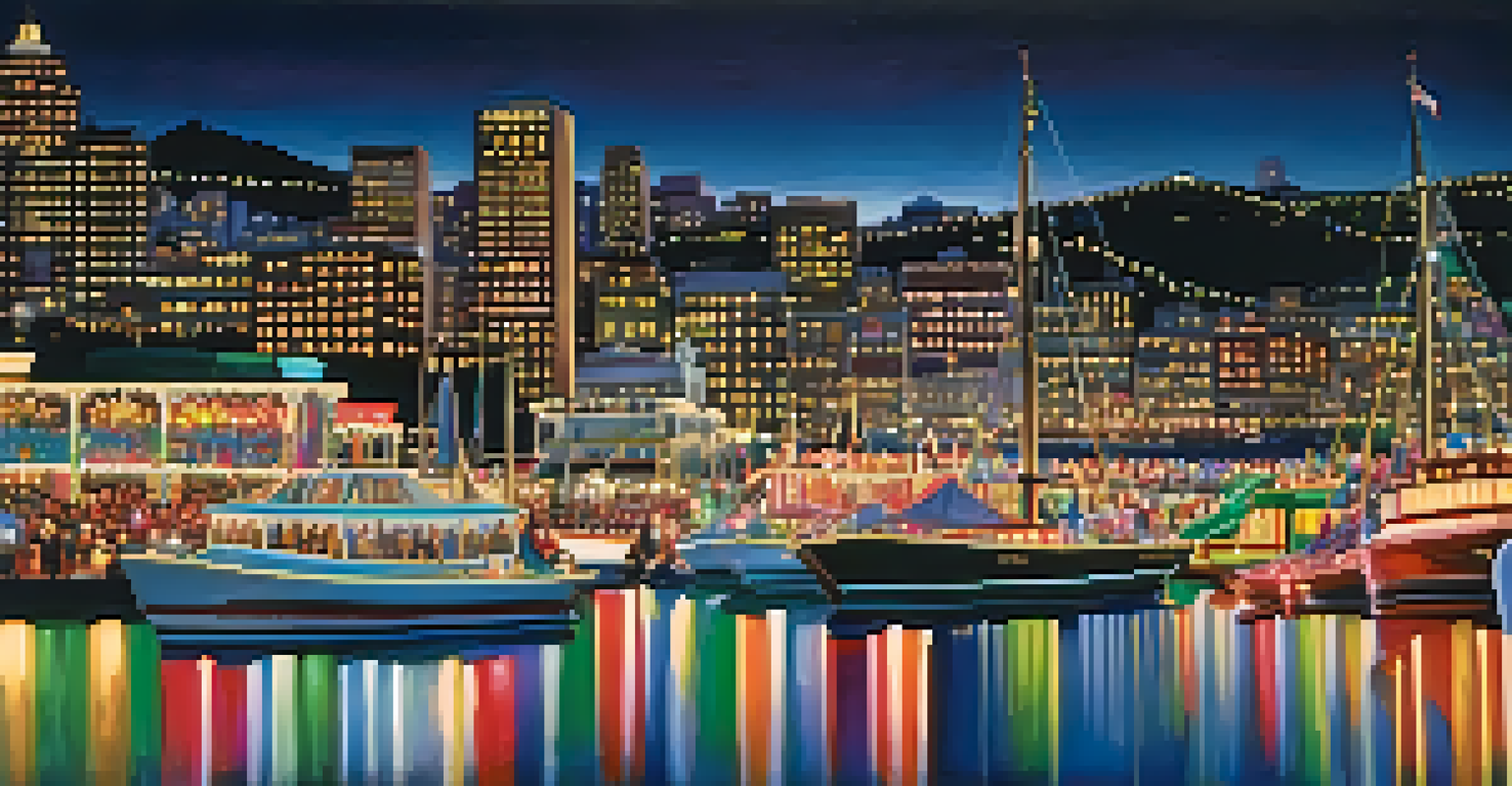 A night scene of the Lighted Boat Parade with colorful boats on the water and crowds watching along the shore.