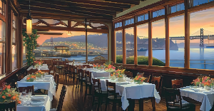 A scenic view of The Fog Harbor Fish House with outdoor dining overlooking the San Francisco Bay during sunset.