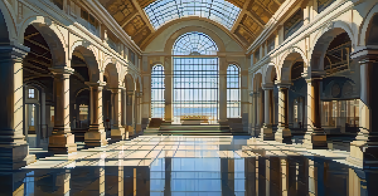 The grand entrance hall of the Sutro Baths with sunlight streaming through glass windows and visitors admiring artifacts.