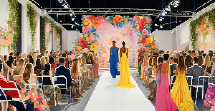 A local fashion event featuring models in colorful outfits on a runway, with an audience and floral decorations in the background.