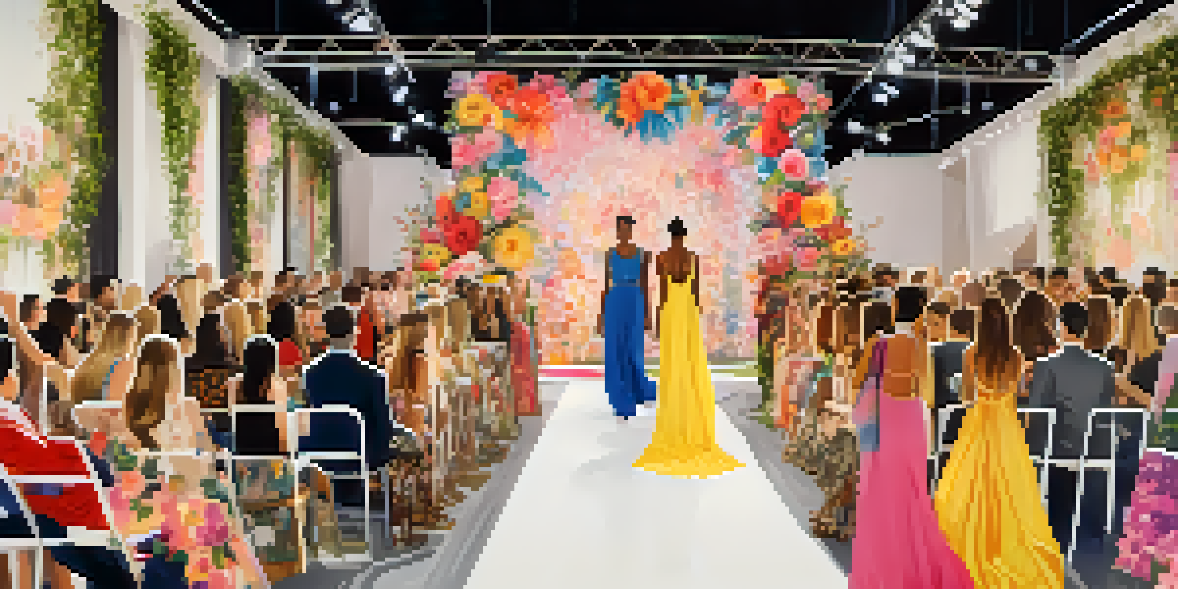 A local fashion event featuring models in colorful outfits on a runway, with an audience and floral decorations in the background.