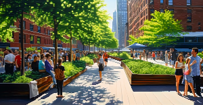 A lively park scene featuring colorful art installations and greenery, with people enjoying the art and the NYC skyline in the background.
