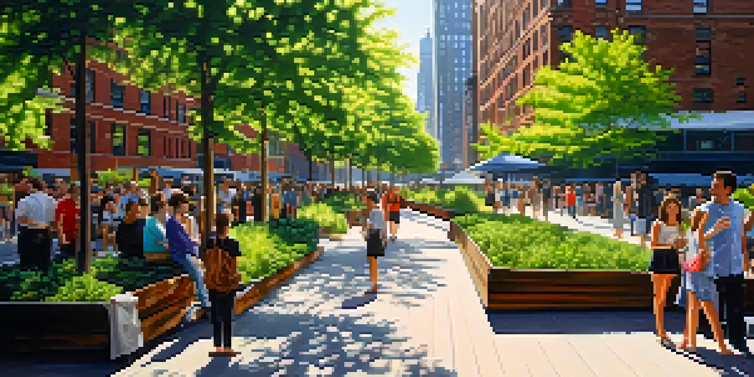 A lively park scene featuring colorful art installations and greenery, with people enjoying the art and the NYC skyline in the background.