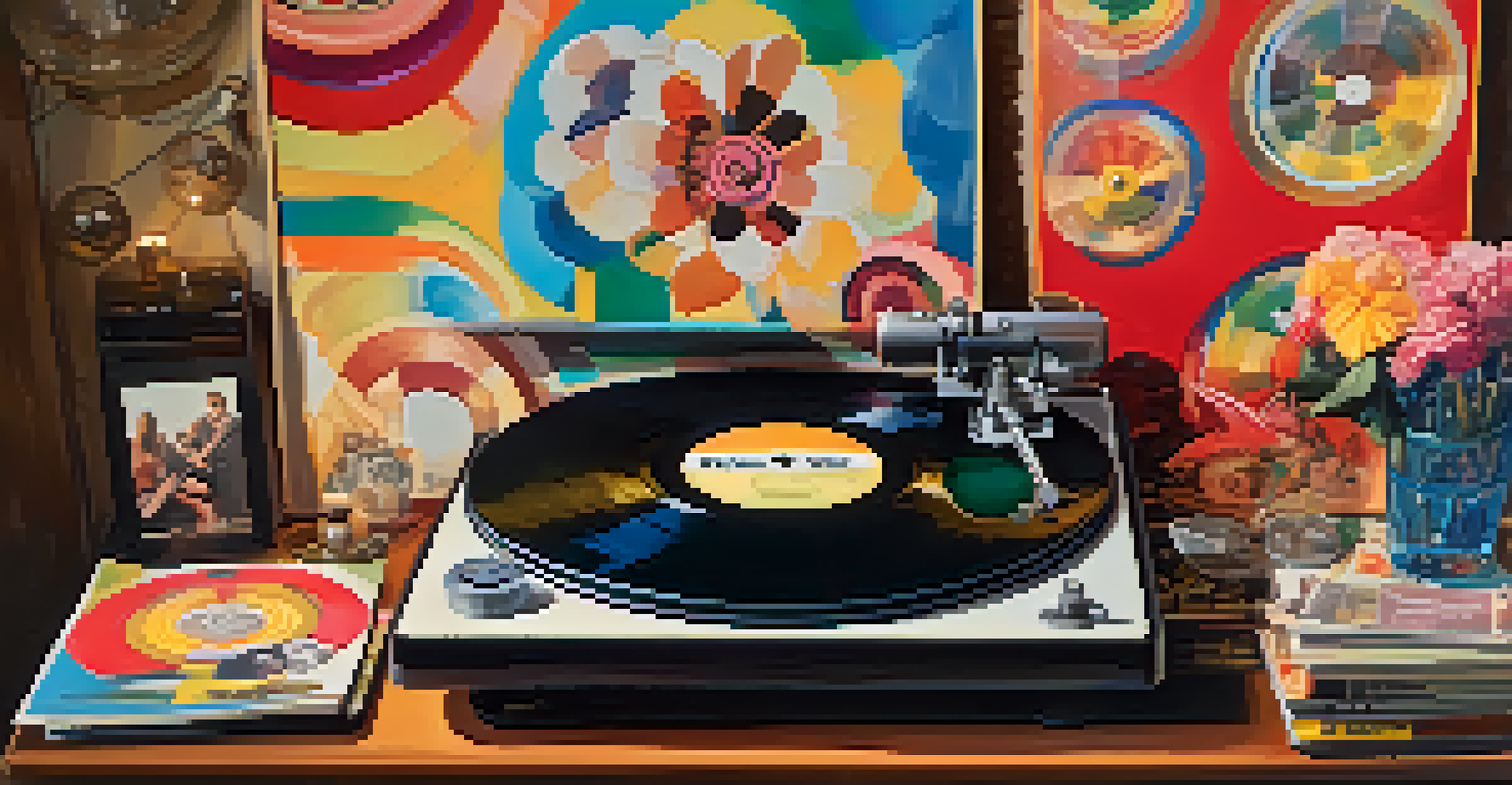 A close-up of a vintage vinyl record on a turntable, surrounded by 1960s memorabilia like flowers and peace signs.