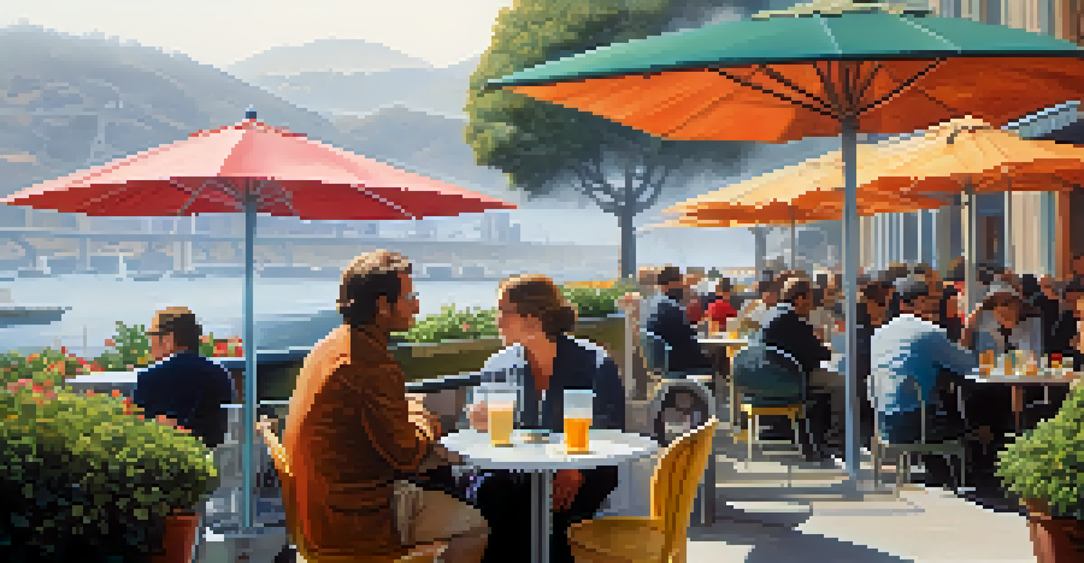 A cozy outdoor café in San Francisco, with patrons under colorful umbrellas and light fog surrounding the setting.