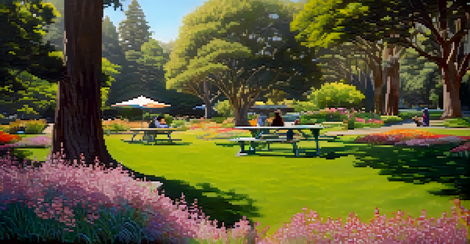 A peaceful picnic setup in the Botanical Gardens, surrounded by flowering native plants and dappled sunlight.