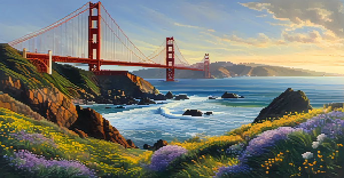 A scenic view of the Golden Gate Bridge from Lands End during sunset, with cliffs and greenery in the foreground.