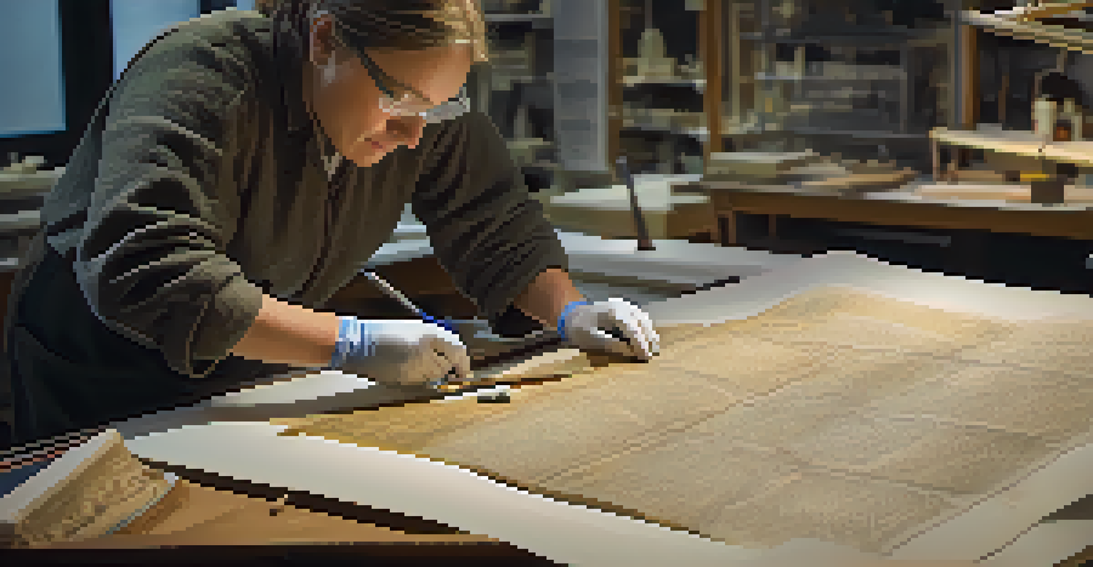A conservator restoring an ancient manuscript in a museum lab.