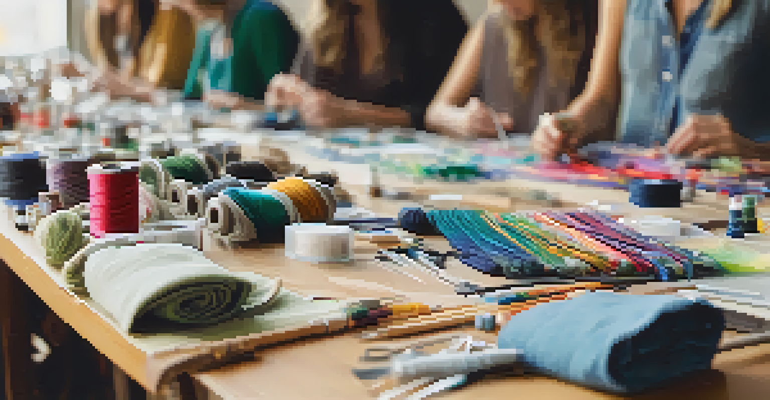 Participants engaged in a workshop creating sustainable fashion items from upcycled materials, with colorful fabrics and sewing tools visible.