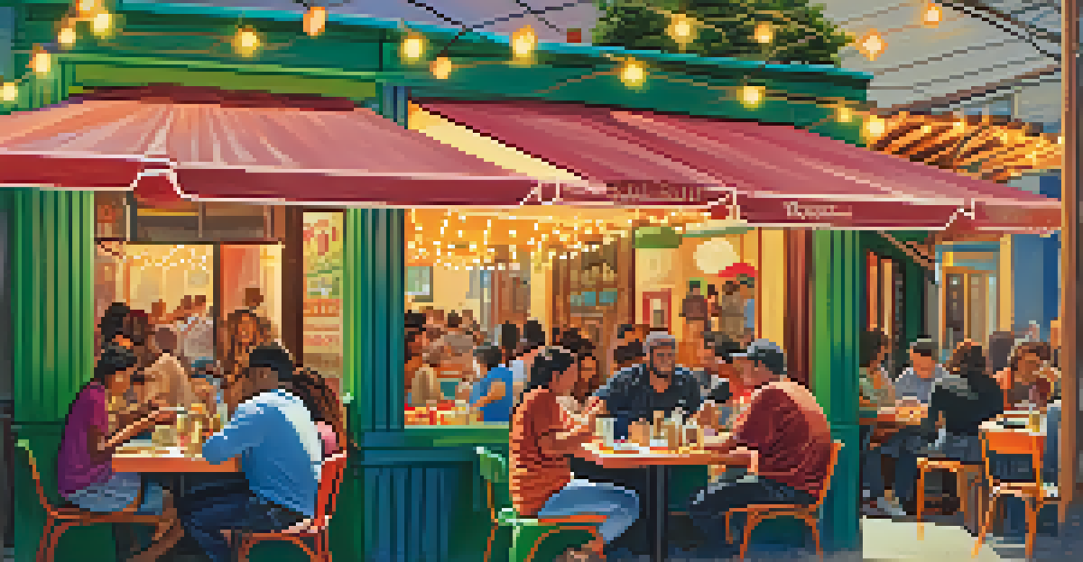 An outdoor dining scene at a taqueria in the Mission District, featuring people enjoying colorful burritos and a vibrant atmosphere.