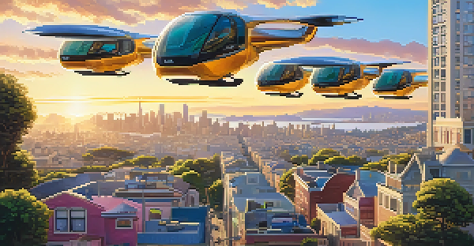 A panoramic view of a futuristic San Francisco skyline with flying taxis in the sky during sunset.