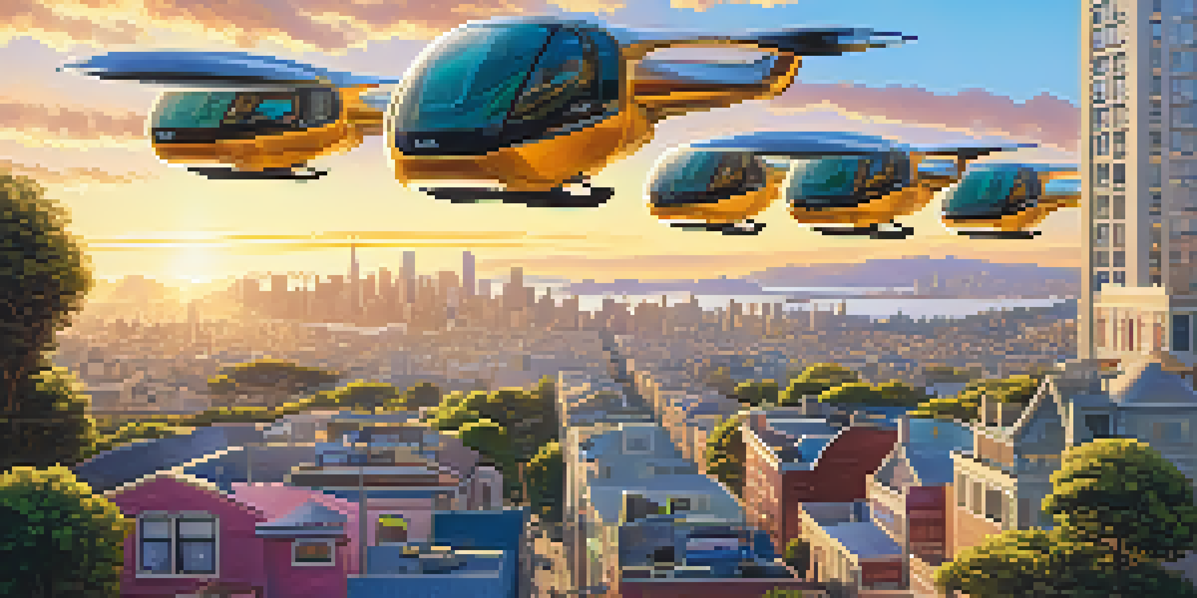 A panoramic view of a futuristic San Francisco skyline with flying taxis in the sky during sunset.