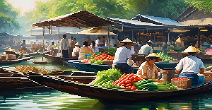 A floating market in Thailand with colorful boats selling fresh produce and street food.