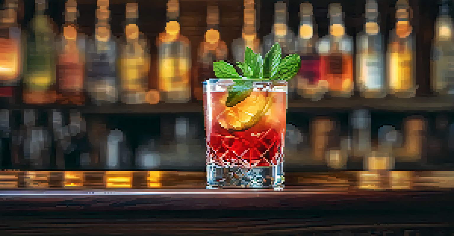 Close-up of a vibrant craft cocktail garnished with herbs and fruits on a rustic wooden table.
