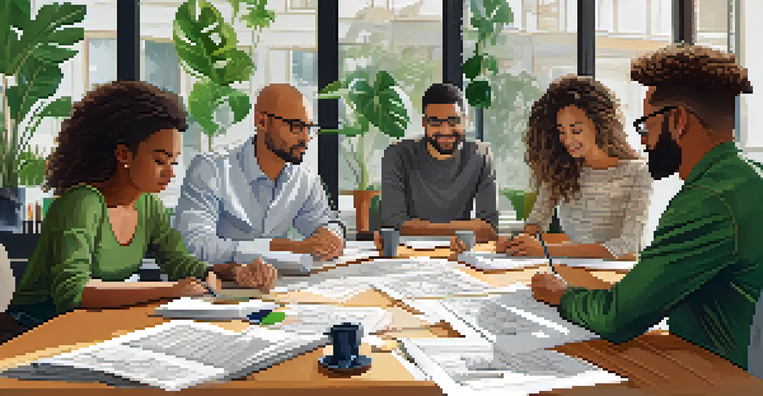 A close-up of professionals collaborating at a table during a brainstorming session, surrounded by laptops, sketches, and natural light.