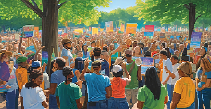 A lively rally in a city park with diverse people holding colorful signs for social justice, under a bright sun and surrounded by trees.