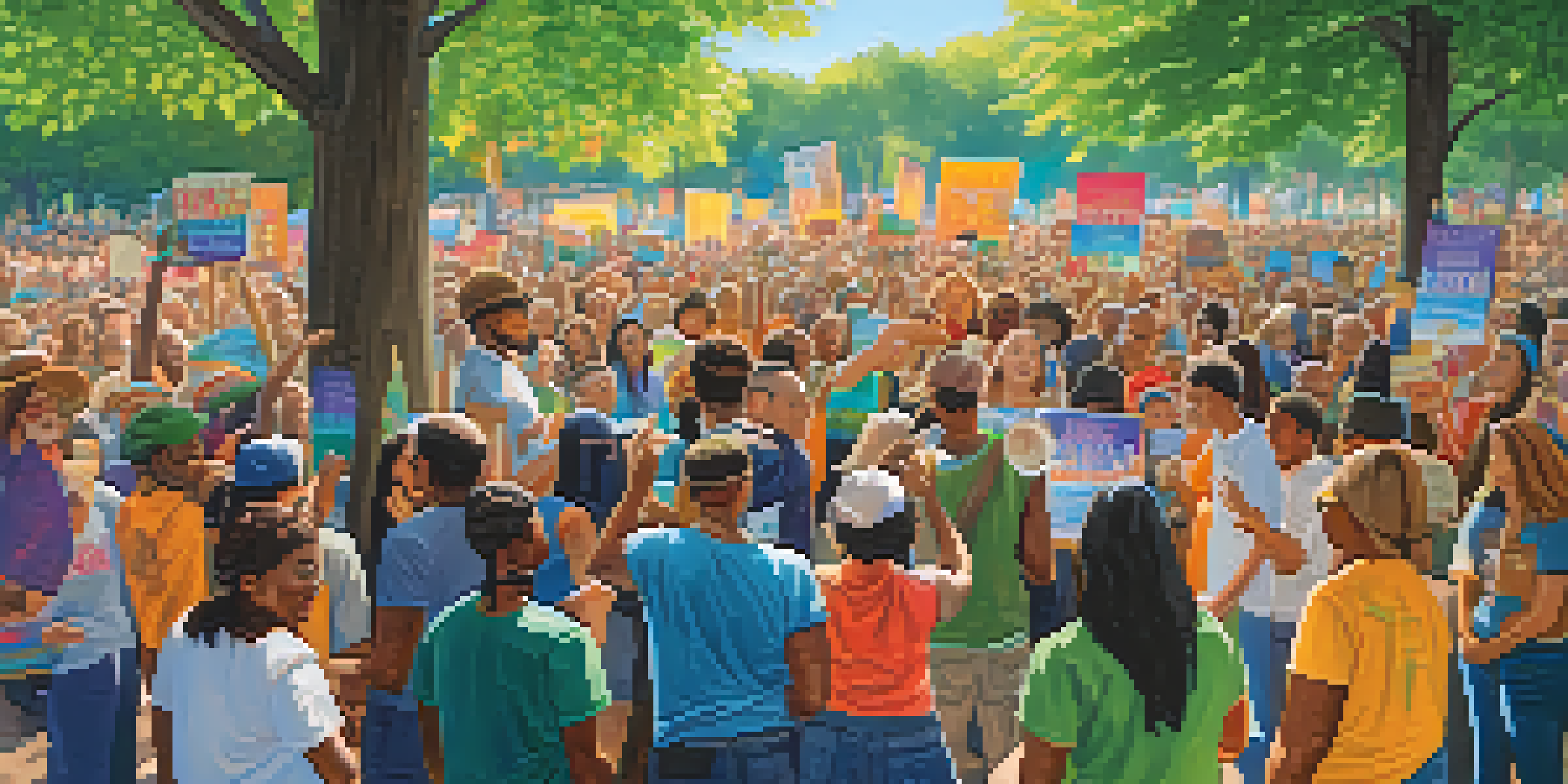 A lively rally in a city park with diverse people holding colorful signs for social justice, under a bright sun and surrounded by trees.