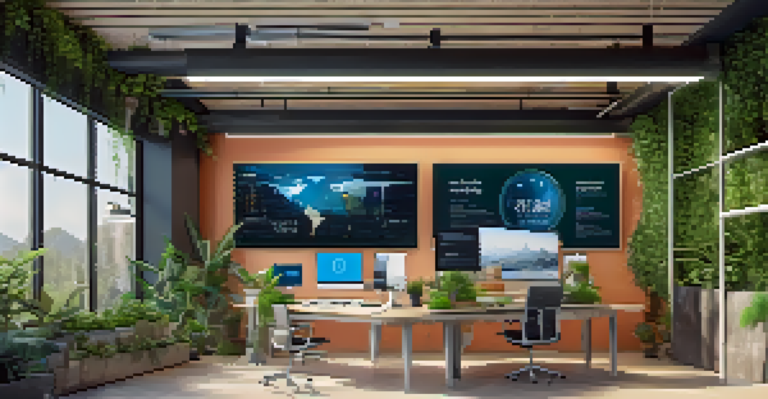 An eco-friendly tech workspace with plants, solar panels, and a digital screen, emphasizing sustainability.