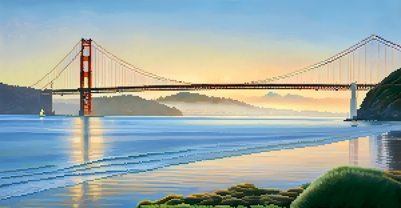 The Golden Gate Bridge at sunrise, surrounded by fog and reflecting warm colors in the calm waters, showcasing its iconic beauty.