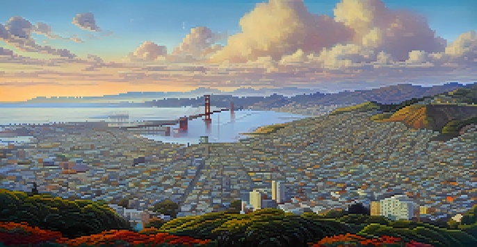 A panoramic view of San Francisco showing sunny and foggy areas, with the Golden Gate Bridge in the distance.