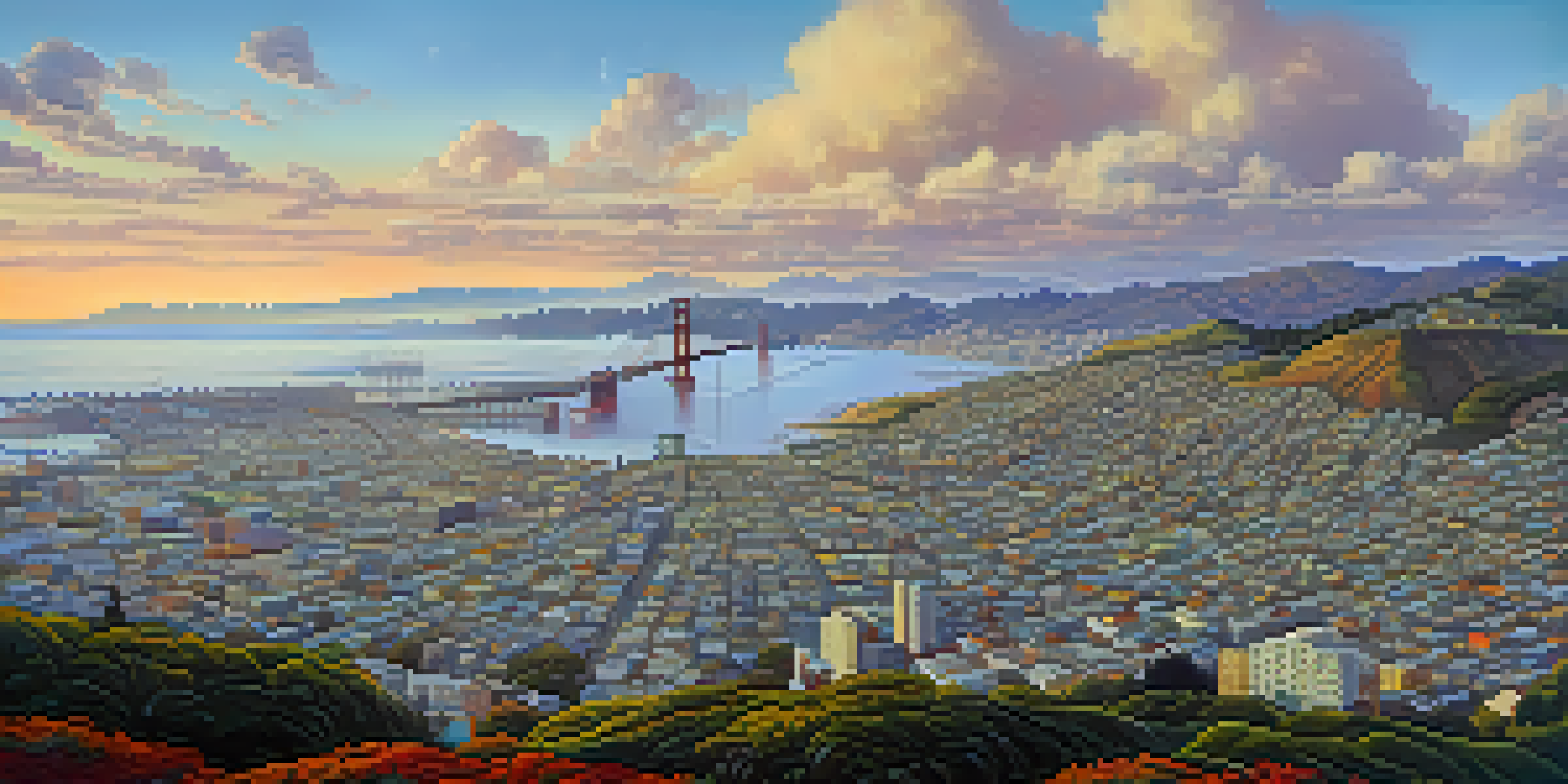 A panoramic view of San Francisco showing sunny and foggy areas, with the Golden Gate Bridge in the distance.