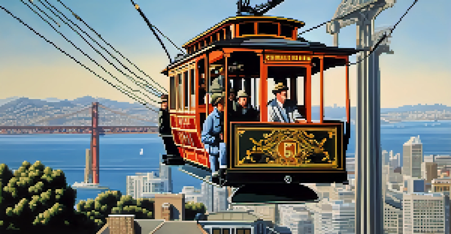A close-up of a cable car gripman at work, with the San Francisco skyline in the background.