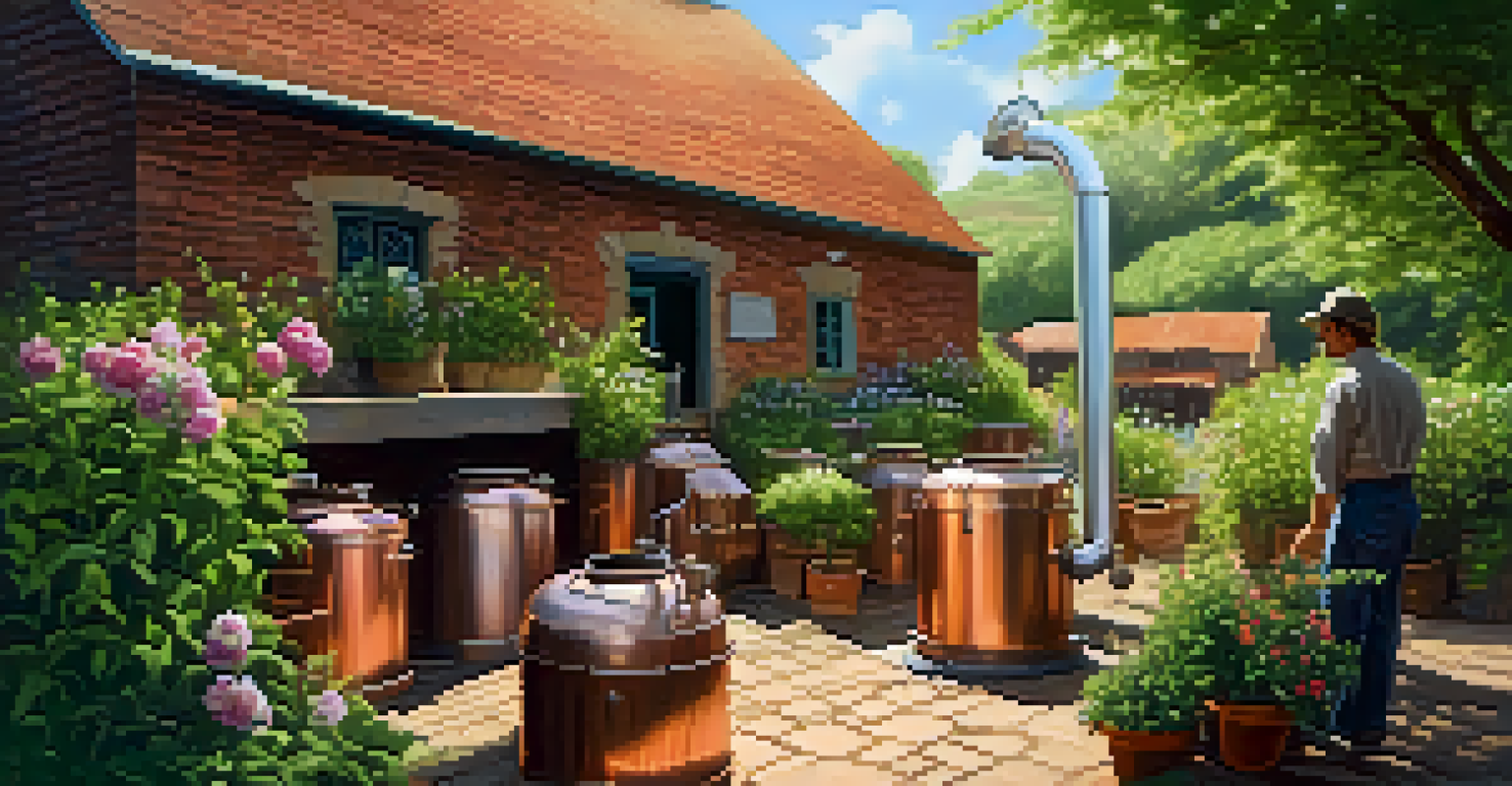 An outdoor craft distillery with a distiller inspecting a copper still, surrounded by herbs and flowers.