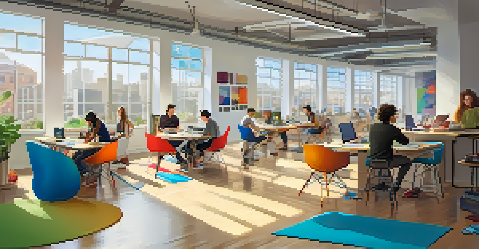 An interior view of a lively tech incubator with young people working on projects.