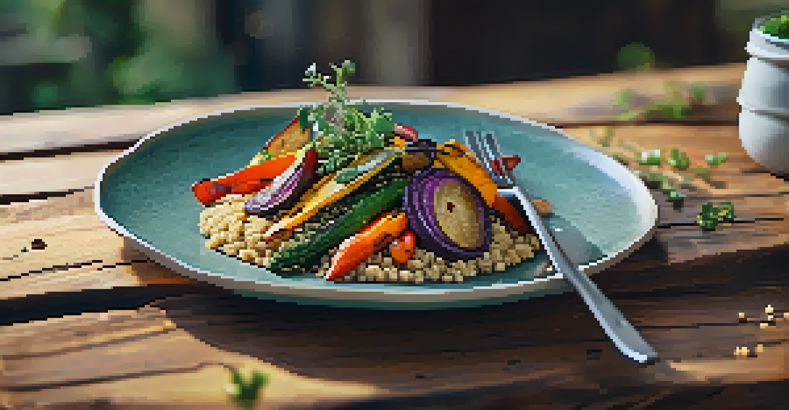 A gourmet vegan dish with roasted vegetables and quinoa, artistically arranged on a rustic wooden table with natural light enhancing its colors.