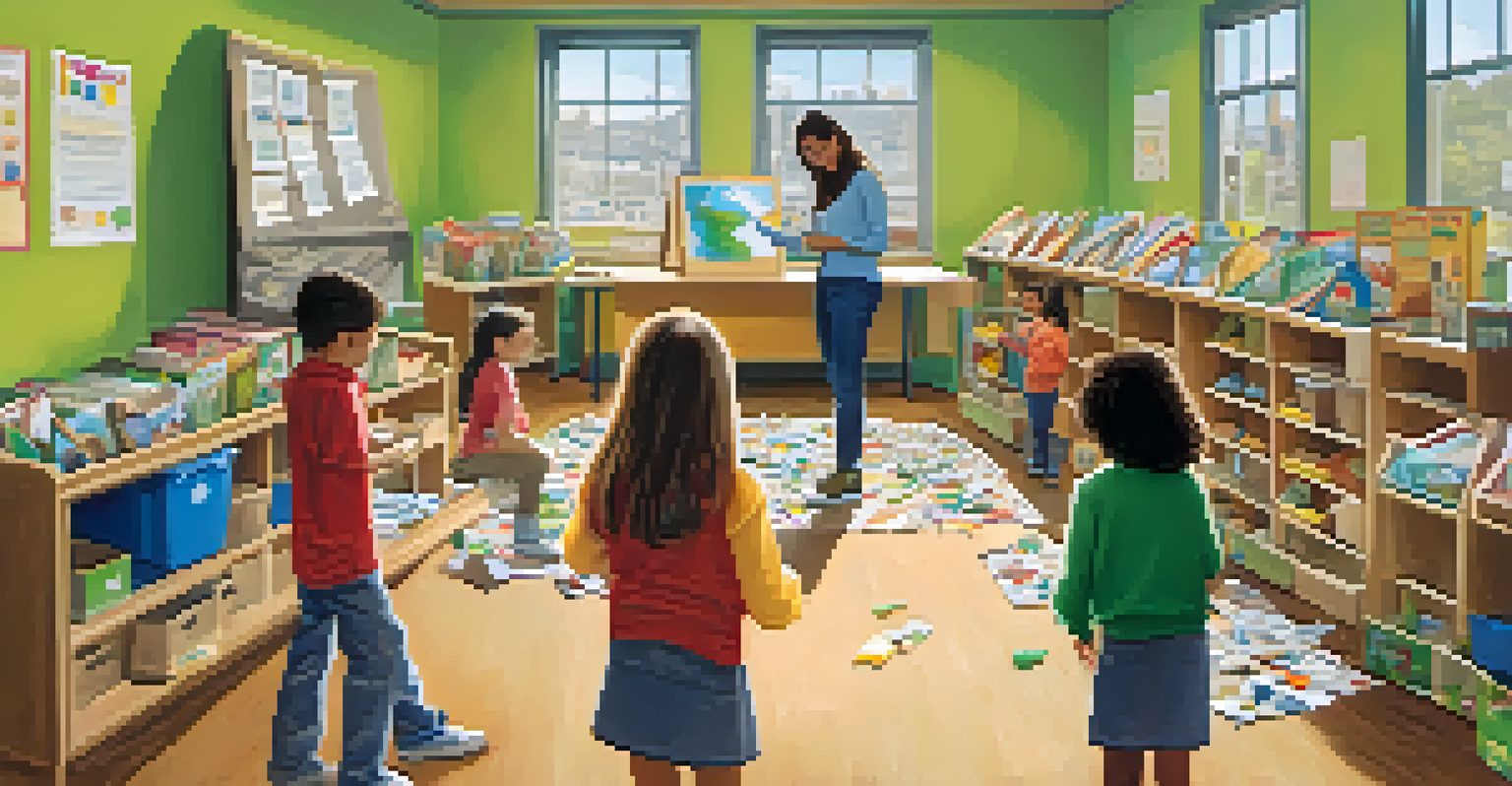Children participating in a recycling education workshop in a San Francisco classroom, sorting waste materials under the guidance of a teacher.