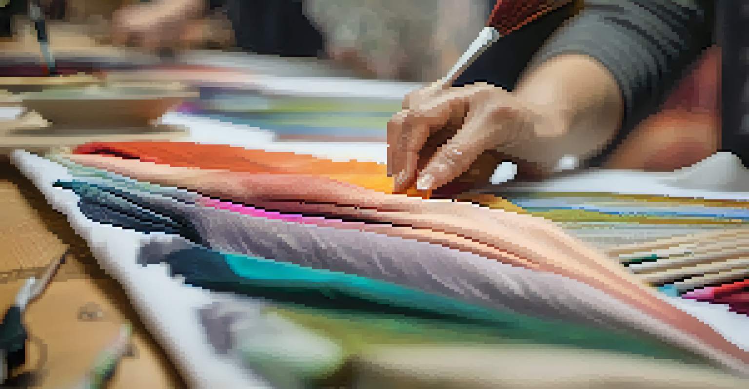 A designer's hands working on colorful fabric swatches during a workshop, with blurred attendees in the background.