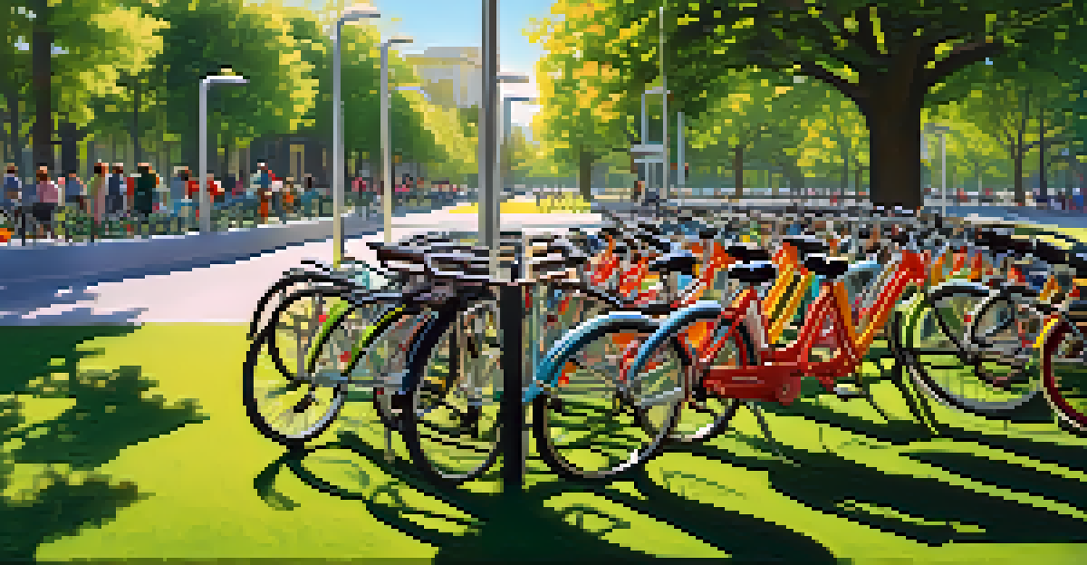 A bike-sharing station in a city park with colorful bikes and people interacting in a sunny, green setting.