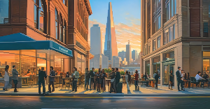 A busy street in San Francisco with tech professionals talking outside a coworking space, highlighted by a sunset.