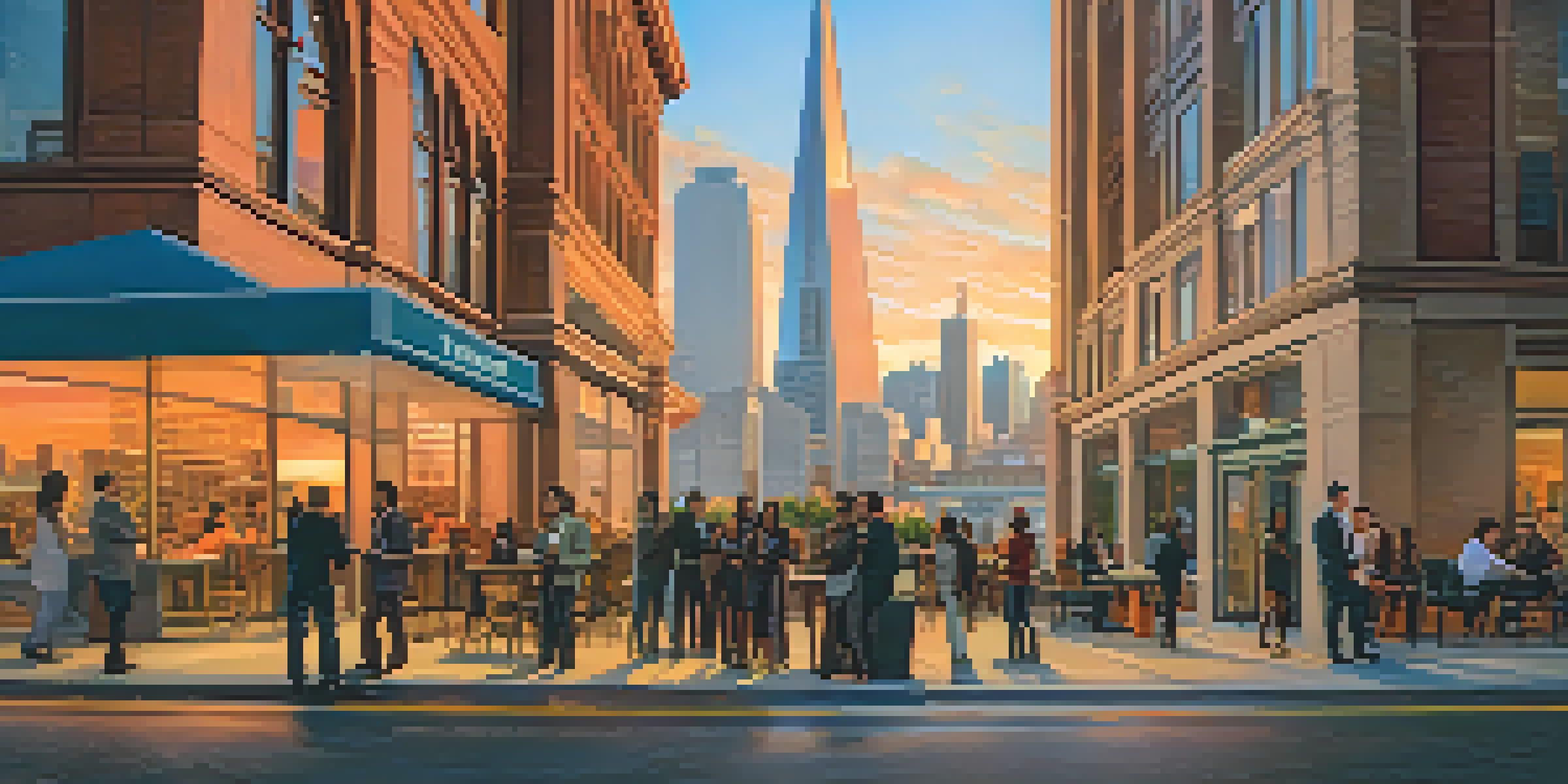 A busy street in San Francisco with tech professionals talking outside a coworking space, highlighted by a sunset.