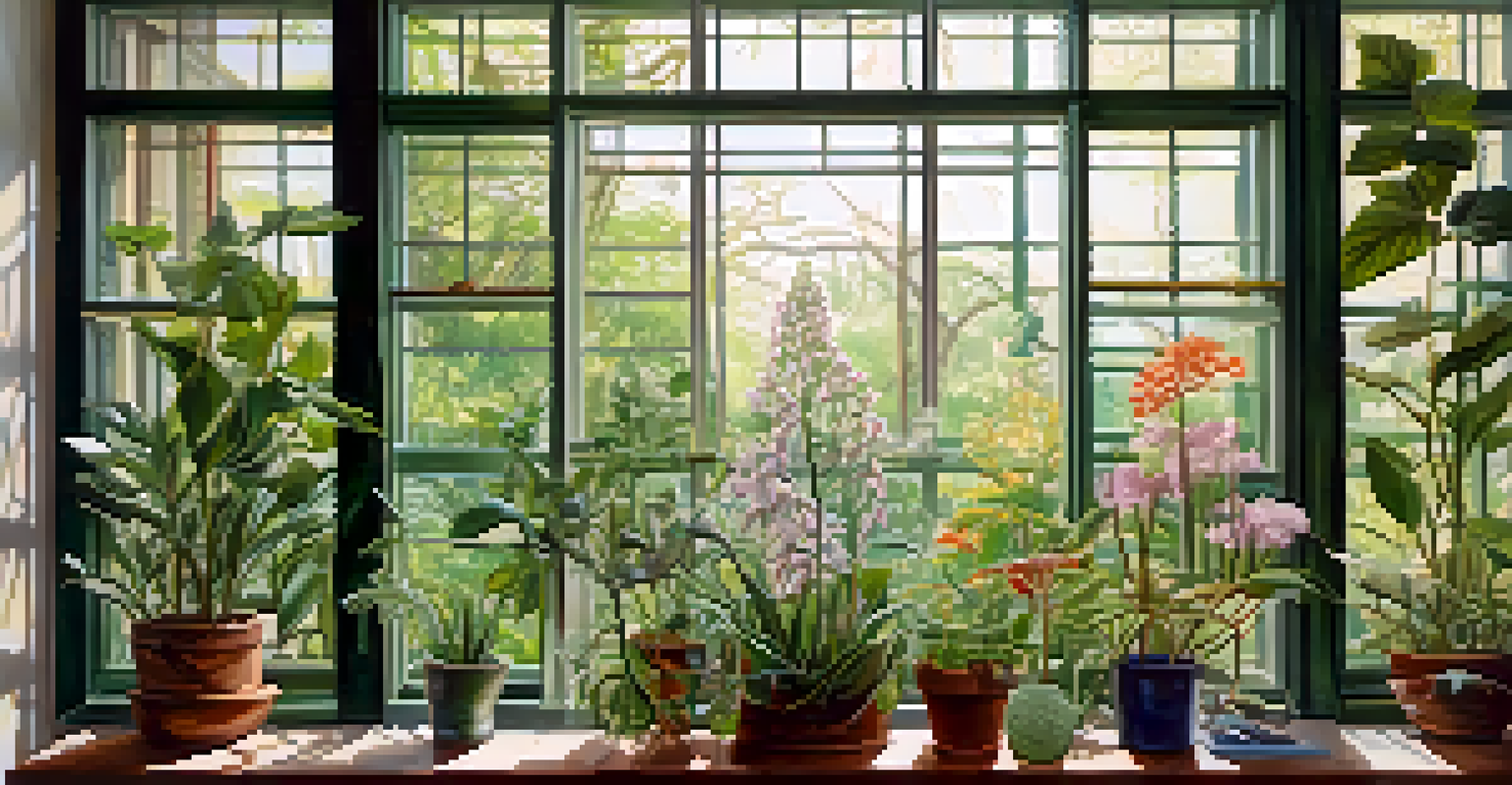 A detailed botanical illustration of plants and flowers, displayed in a serene exhibition with natural light filtering through.