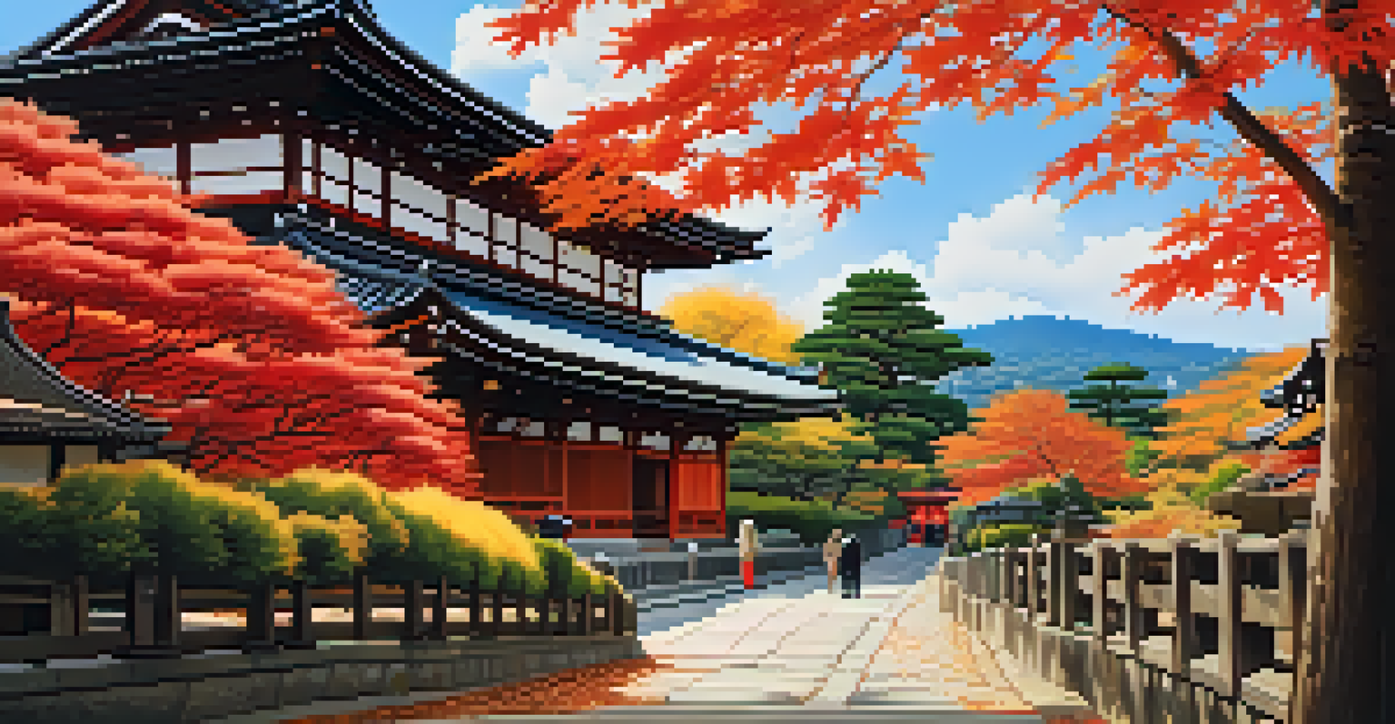 A stunning autumn scene in Kyoto with colorful foliage along the Philosopher's Path, featuring people walking amidst traditional houses and temples.