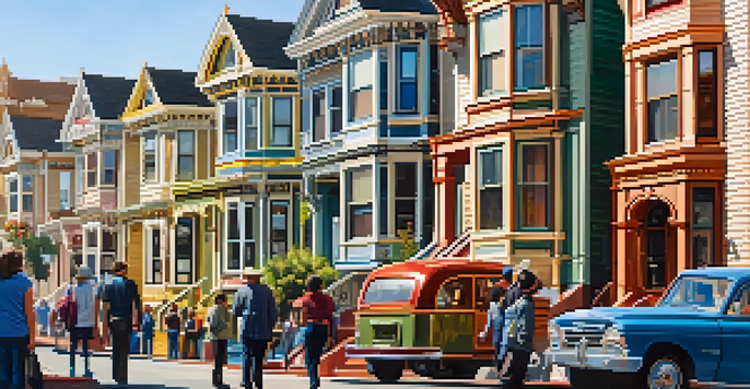 A busy street in San Francisco with people looking at real estate listings and colorful Victorian houses in the background under warm afternoon sunlight.