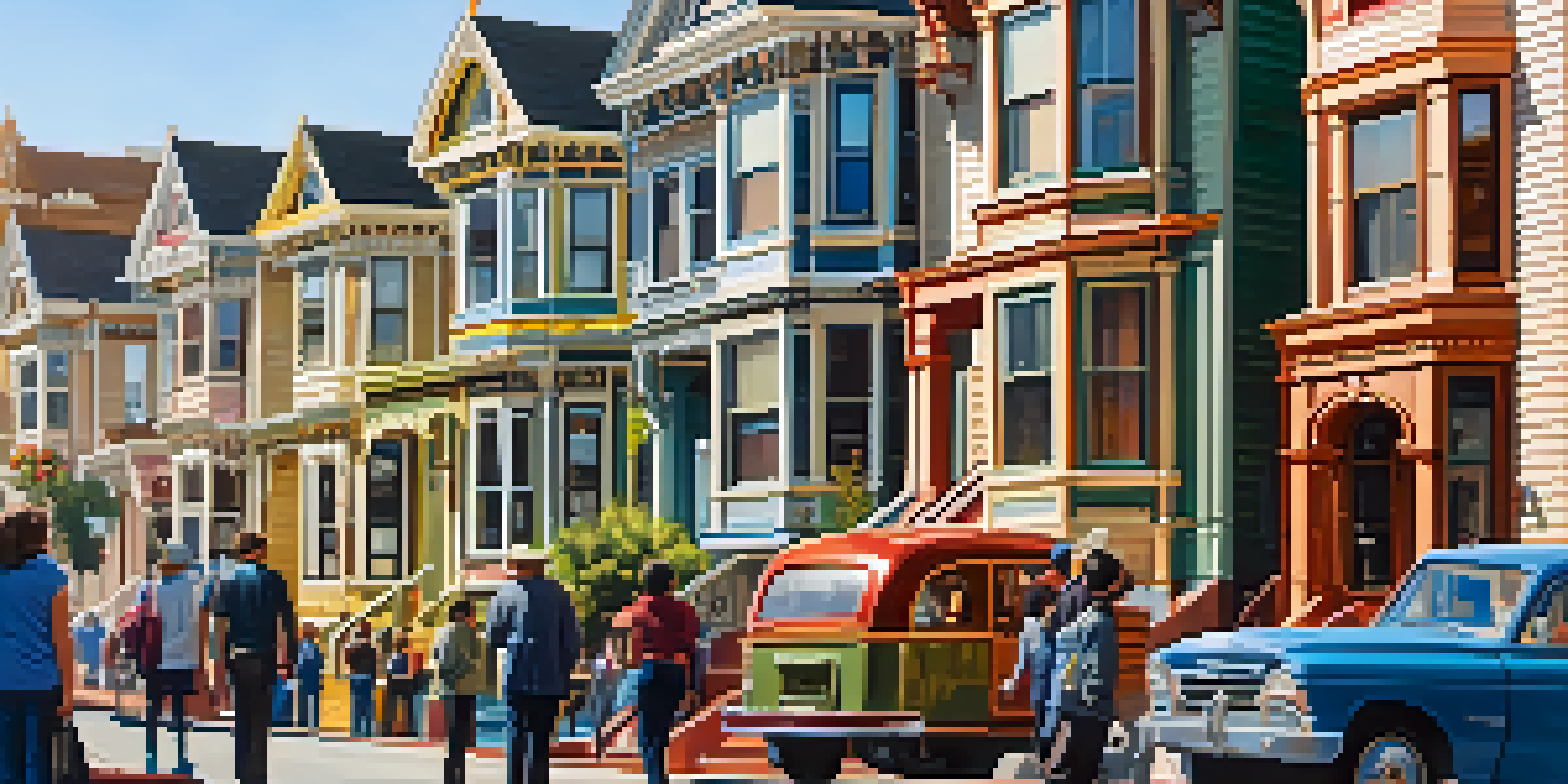 A busy street in San Francisco with people looking at real estate listings and colorful Victorian houses in the background under warm afternoon sunlight.