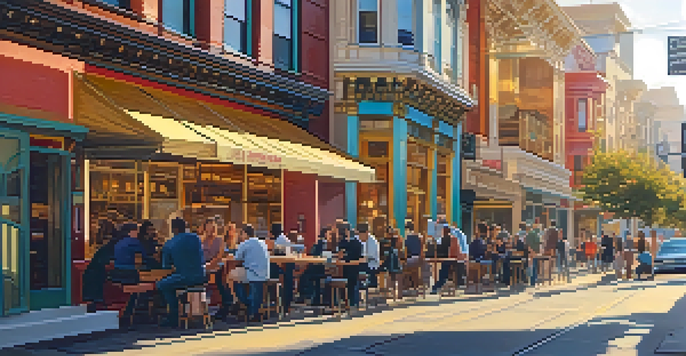 A bustling San Francisco street with a mix of modern and historic buildings, people chatting outside a coffee shop, and colorful murals.