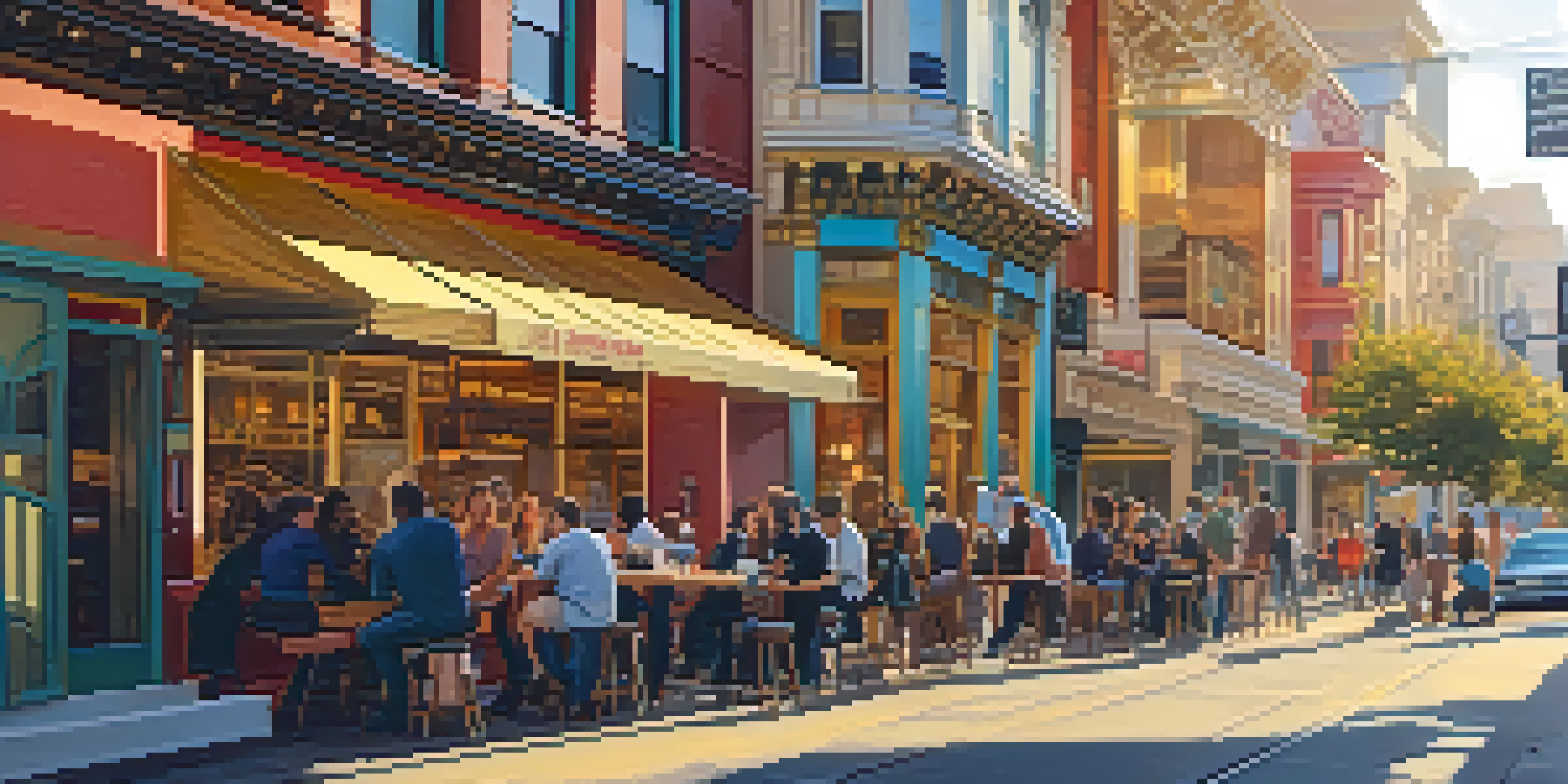 A bustling San Francisco street with a mix of modern and historic buildings, people chatting outside a coffee shop, and colorful murals.