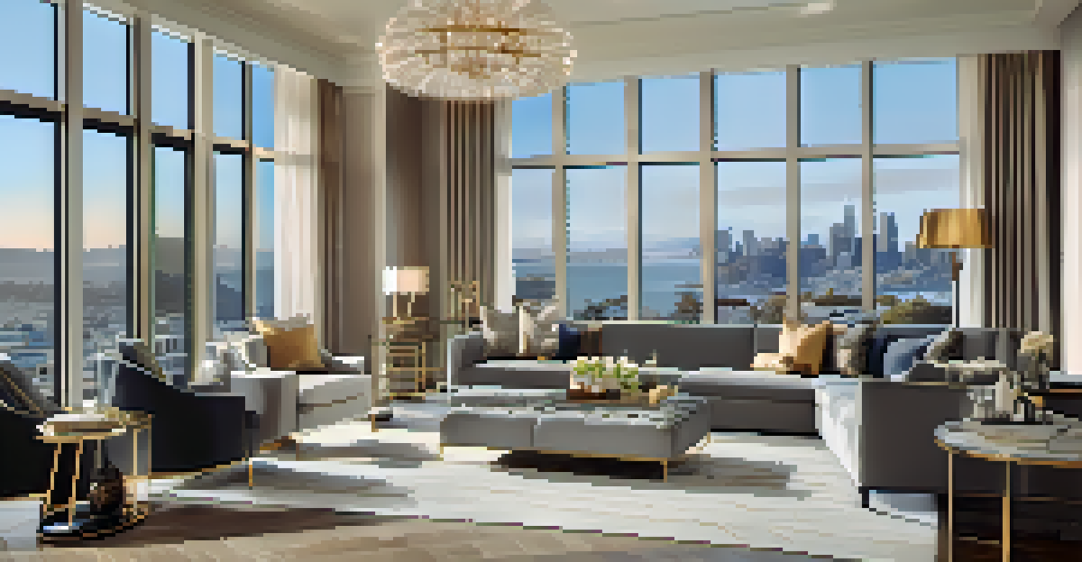 A luxury apartment interior in San Francisco with city views and modern decor.