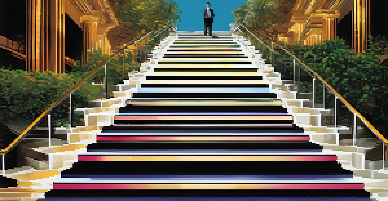 An artistic staircase illustration representing venture capital funding stages, with symbolic icons and a bright horizon.
