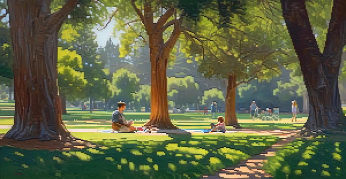 A family having a picnic on a green lawn in Presidio Park, with vibrant wildflowers and tall pine trees around, and a winding path inviting leisurely strolls.