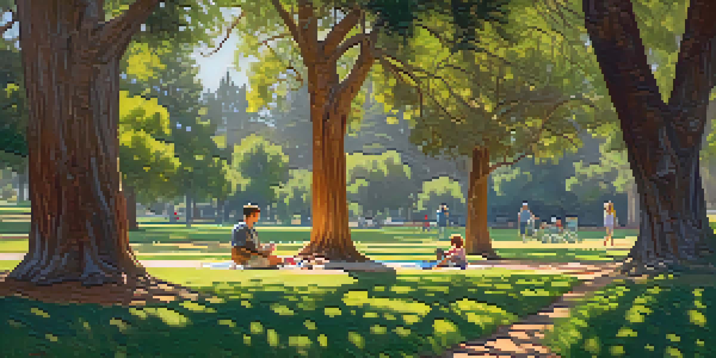 A family having a picnic on a green lawn in Presidio Park, with vibrant wildflowers and tall pine trees around, and a winding path inviting leisurely strolls.