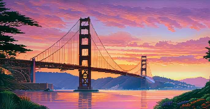 A sunset view of the Golden Gate Bridge with vibrant colors in the sky and sparkling waters below.