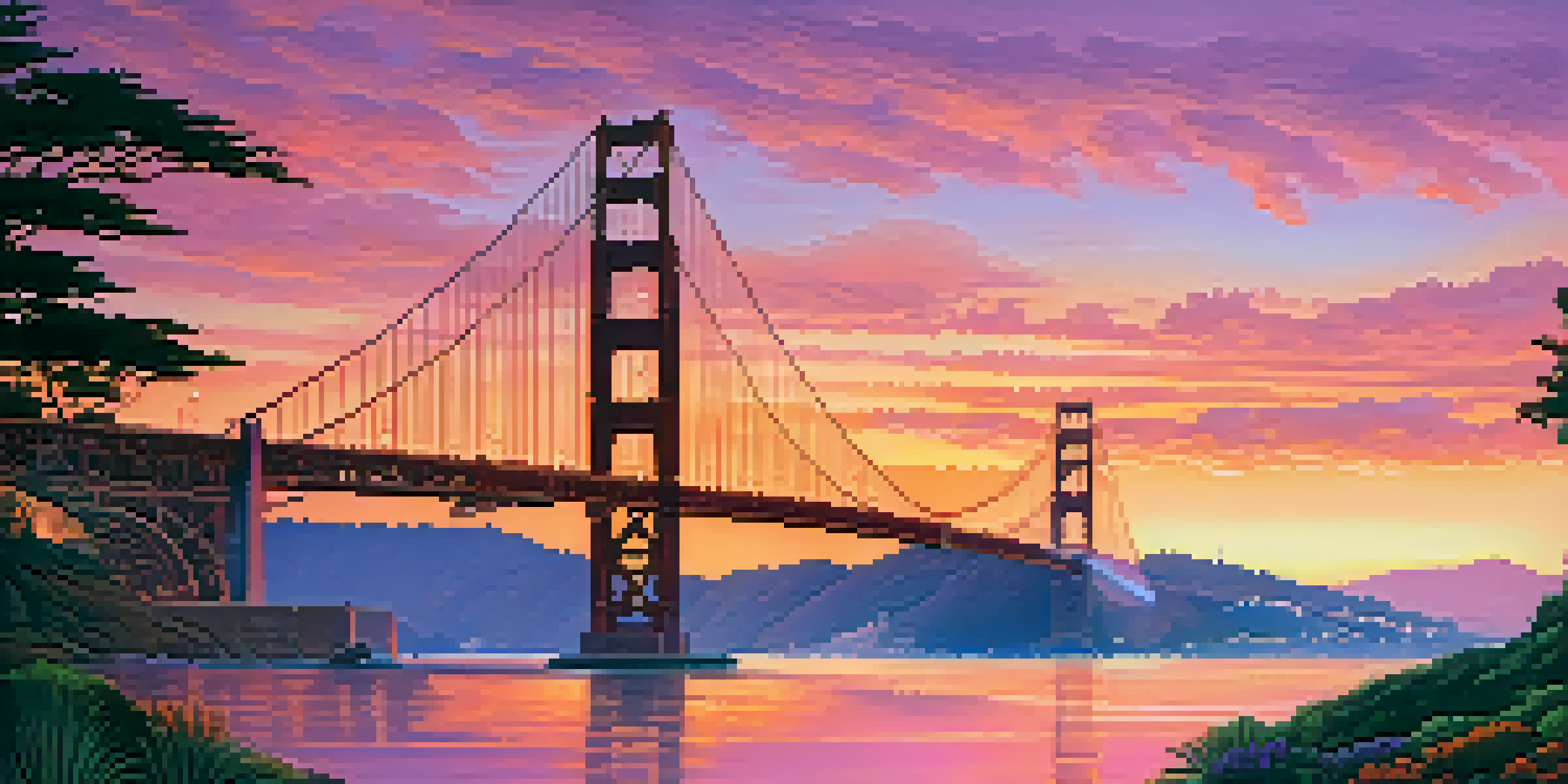 A sunset view of the Golden Gate Bridge with vibrant colors in the sky and sparkling waters below.